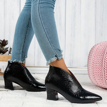 Luz | Women's Textured Ankle Boots with Curved Cut and Mid Block Heel