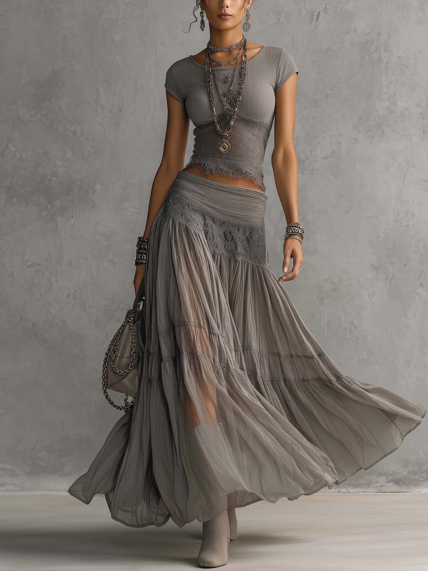 Elena Lace-Paneled Top and Pleated Maxi Skirt Set - Alira - Boutique