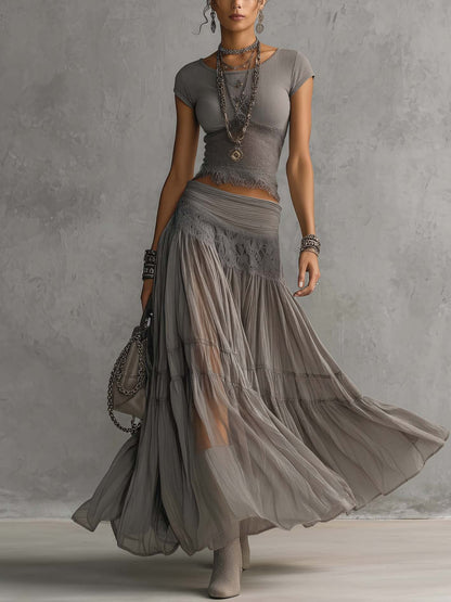 Elena Lace-Paneled Top and Pleated Maxi Skirt Set - Alira - Boutique