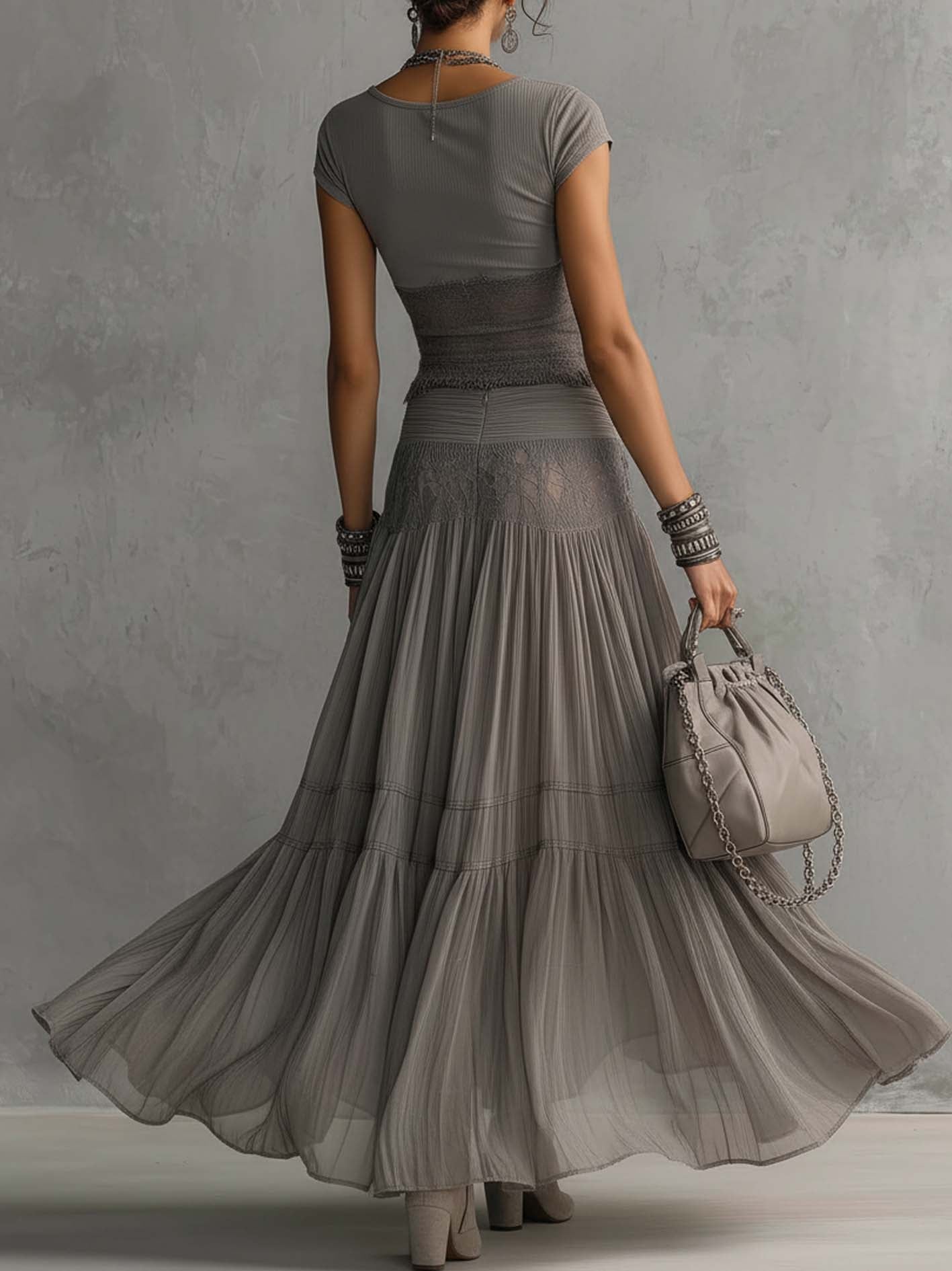 Elena Lace-Paneled Top and Pleated Maxi Skirt Set - Alira - Boutique