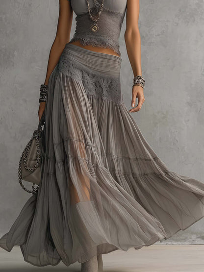 Elena Lace-Paneled Top and Pleated Maxi Skirt Set - Alira - Boutique