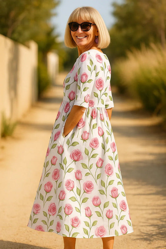 Eliza | Relaxed Midi Dress - Effortless Elegance, Everyday Comfort White Pink - Alira - Boutique