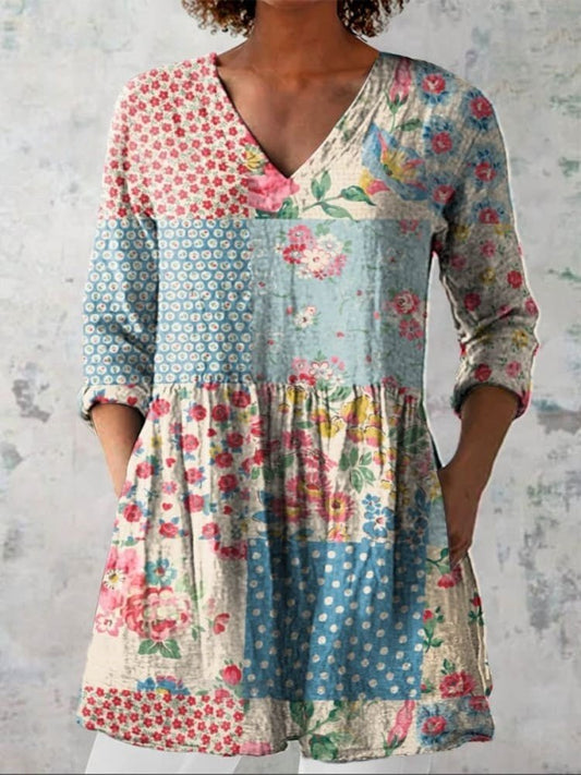 Emily | Floral Patchwork V-Neck Shirt - Alira - Boutique