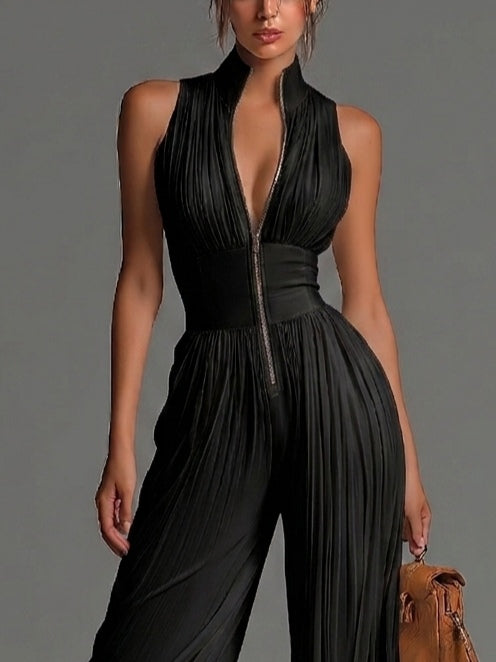 Nocturne | Black V-Neck Chiffon Jumpsuit