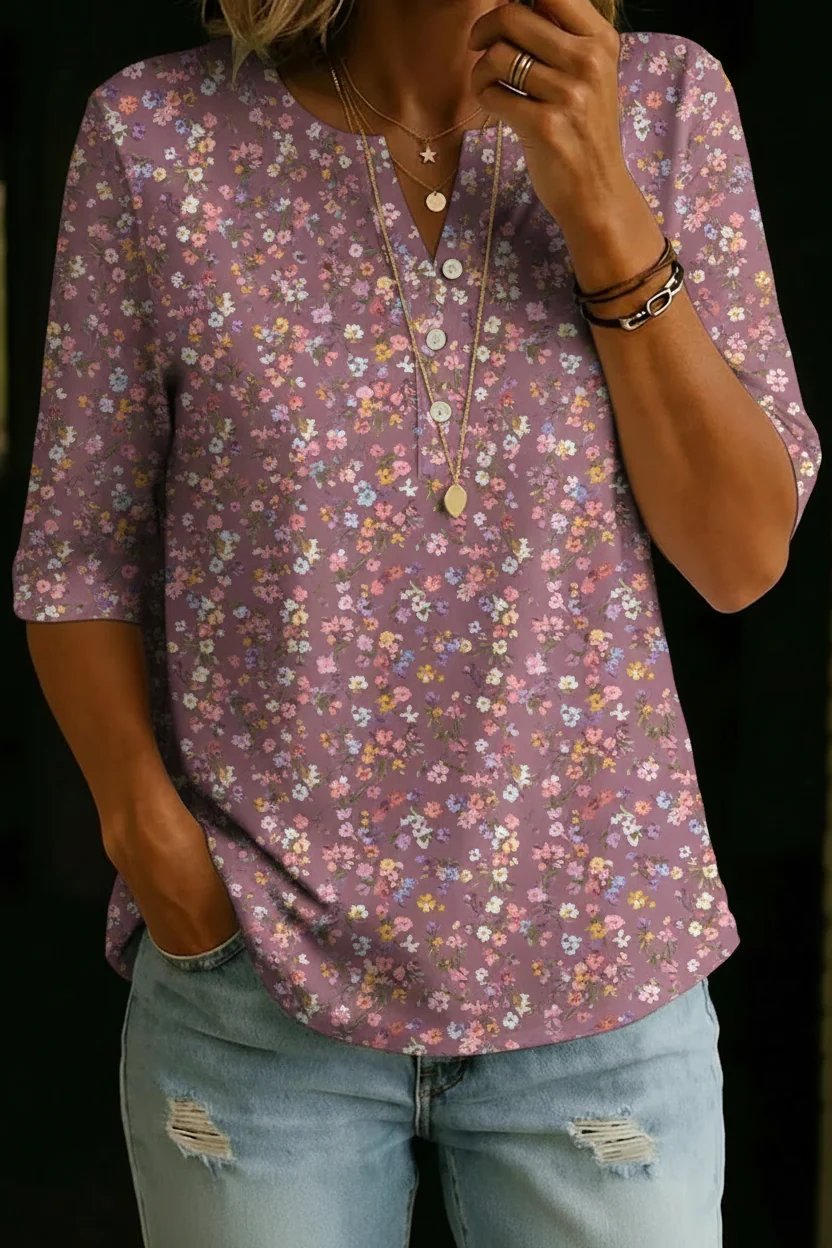 Violet | Classic Vintage Floral Henley Top