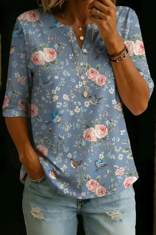 Aurora | Soft Vintage Floral Henley Top