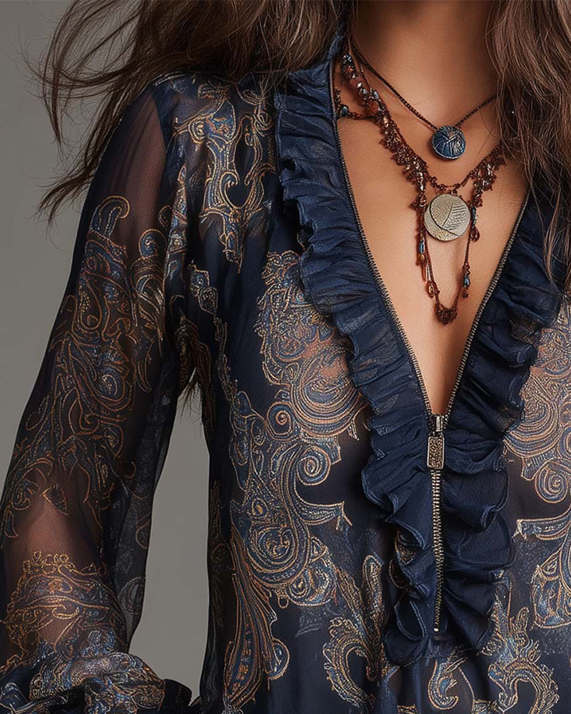 Demi | Zip Ruffled Retro Blouse