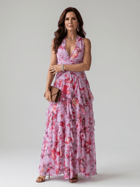 Nori™ Halter Neck Ruched Bodice Floral Maxi Dress - Alira - Boutique