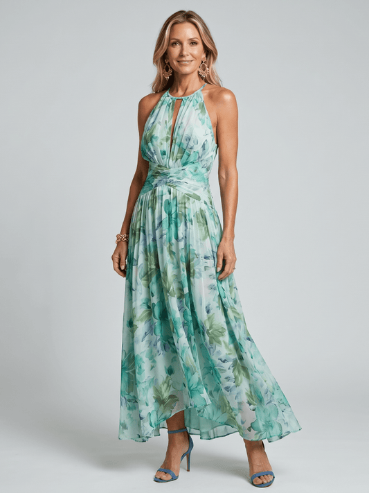 Portia™ Pleated Halter Soft Floral Pattern Midi Dress - Alira - Boutique