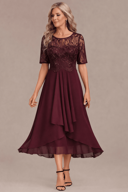 Sophie Elegant Lace Sleeve Round Neck Dress - Alira - Boutique