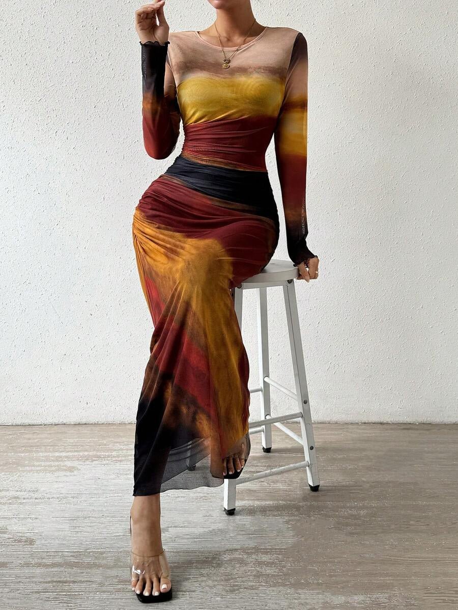 TORINA™ - Comfy Printed Long Sleeve Round Neck Bodycon Maxi Dress - Alira - Boutique