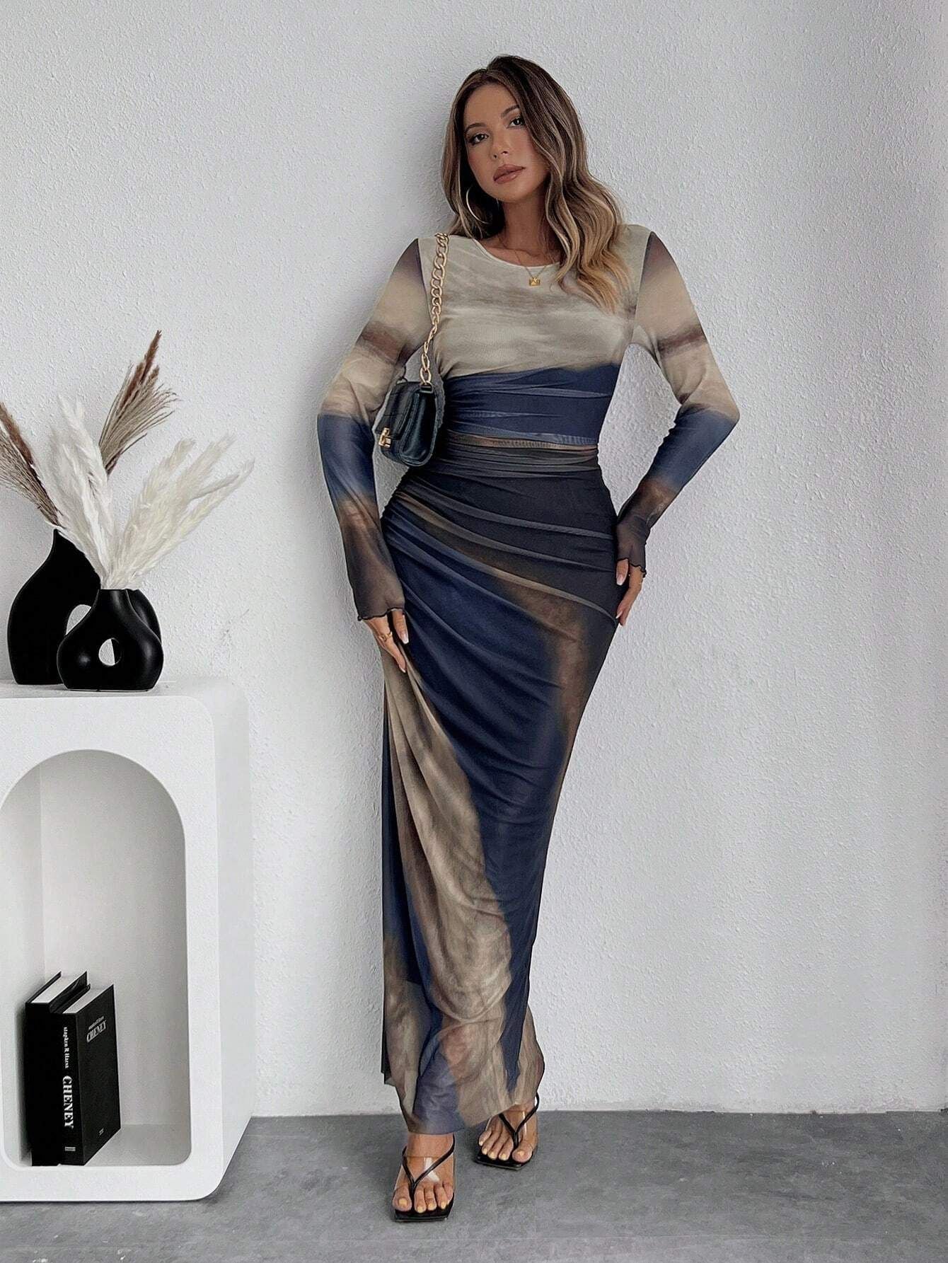 TORINA™ - Comfy Printed Long Sleeve Round Neck Bodycon Maxi Dress - Alira - Boutique