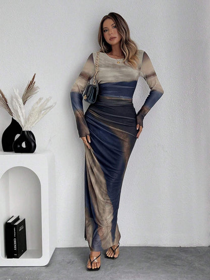 TORINA™ - Comfy Printed Long Sleeve Round Neck Bodycon Maxi Dress - Alira - Boutique