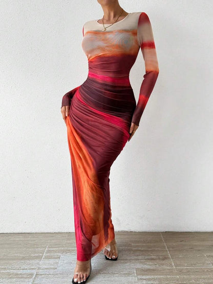 TORINA™ - Comfy Printed Long Sleeve Round Neck Bodycon Maxi Dress - Alira - Boutique