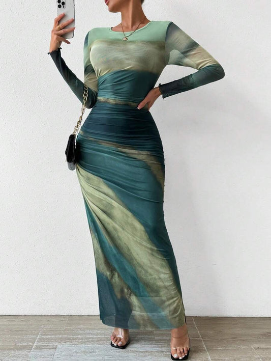 TORINA™ - Comfy Printed Long Sleeve Round Neck Bodycon Maxi Dress - Alira - Boutique