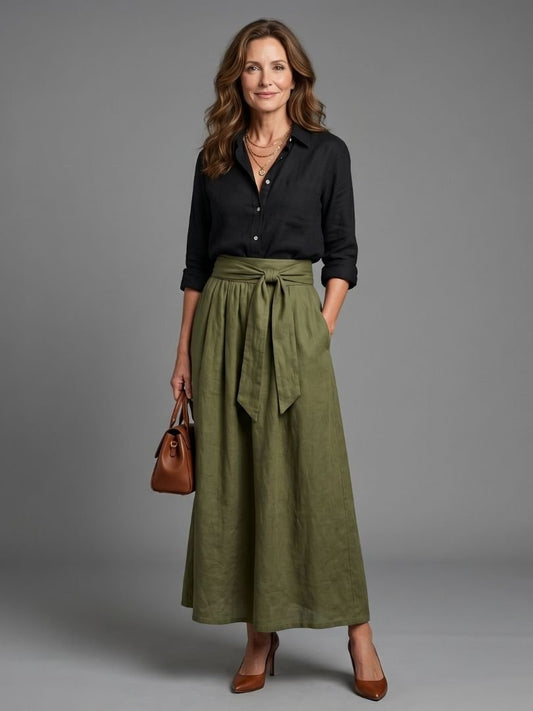 Vera | Two-Piece Set Black Blouse Olive Green Midi Skirt - Alira - Boutique