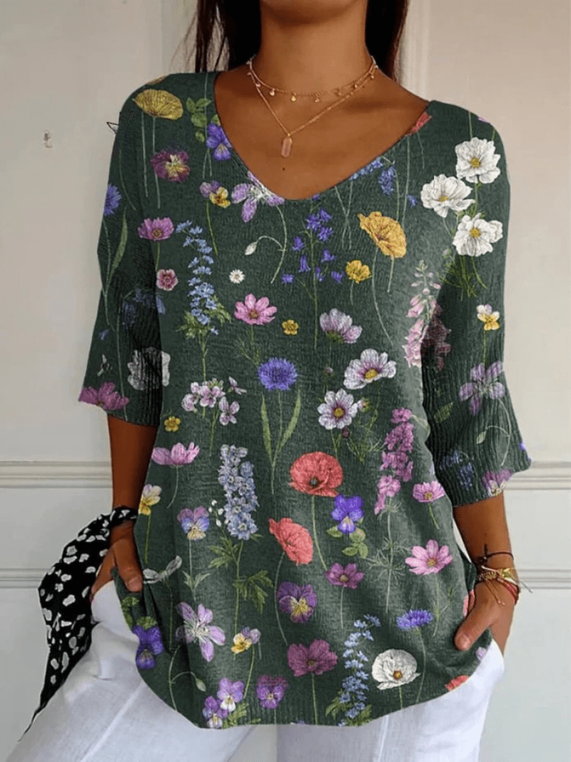 Vibrant Spring Botanical Garden Pattern Printed Women's Casual Pullover Knit - Alira - Boutique