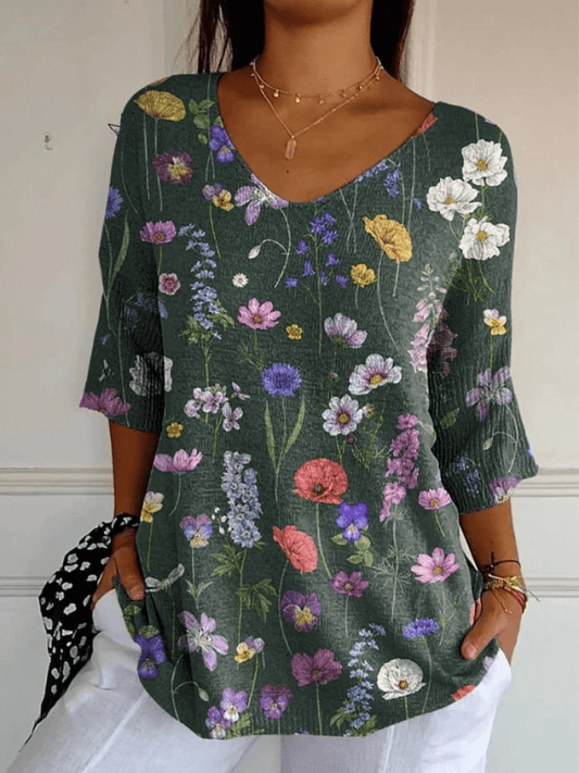 Vibrant Spring Botanical Garden Pattern Printed Women's Casual Pullover Knit - Alira - Boutique
