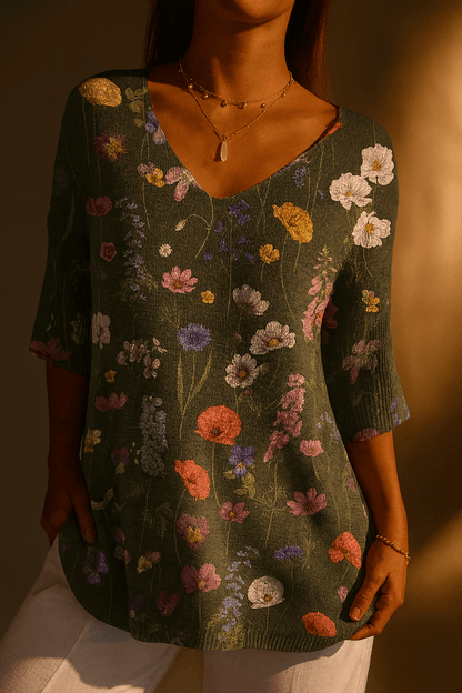 Vibrant Spring Botanical Garden Pattern Printed Women's Casual Pullover Knit - Alira - Boutique