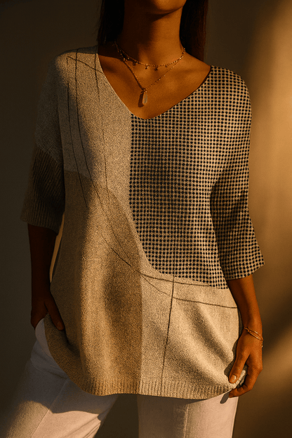 Women's Abstract Geometric Pattern Art Print Casual Knit Pullover - Alira - Boutique