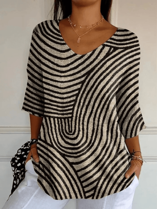 Women's Retro Geometric Art Round Line Print Casual Pullover Knit - Alira - Boutique