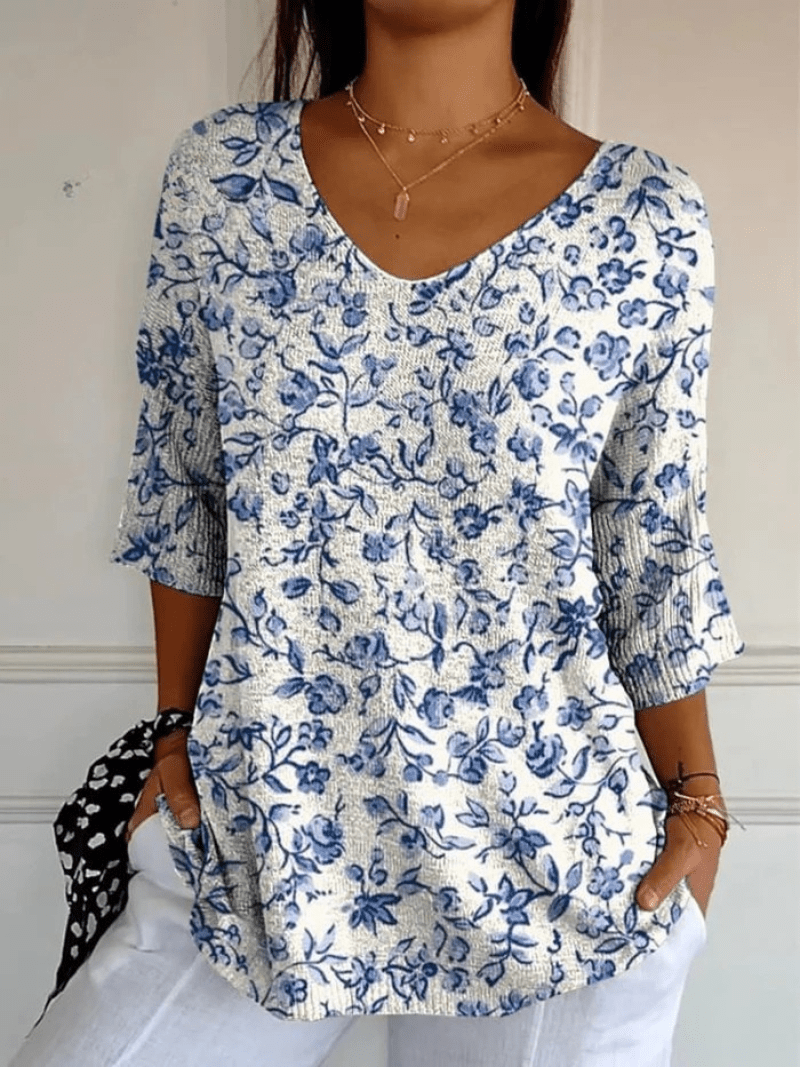 Women's Small Blue Flowers Print Casual Pullover Knit - Alira - Boutique