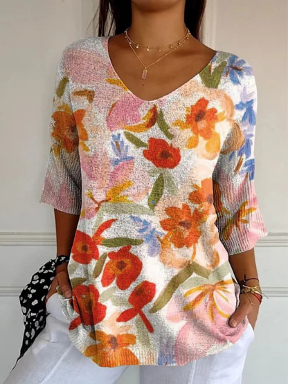 Women's Vintage Art Floral Casual Pullover Knit - Alira - Boutique