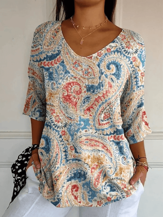 Women's Vintage Ethnic Floral Art Print Casual Pullover Knit - Alira - Boutique