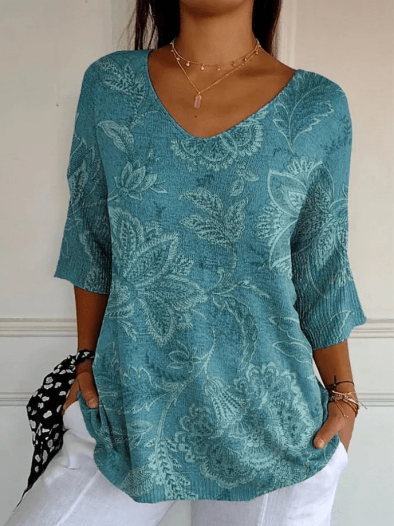 Women's Vintage Ethnic Floral Art Print Casual Pullover Knit - Alira - Boutique