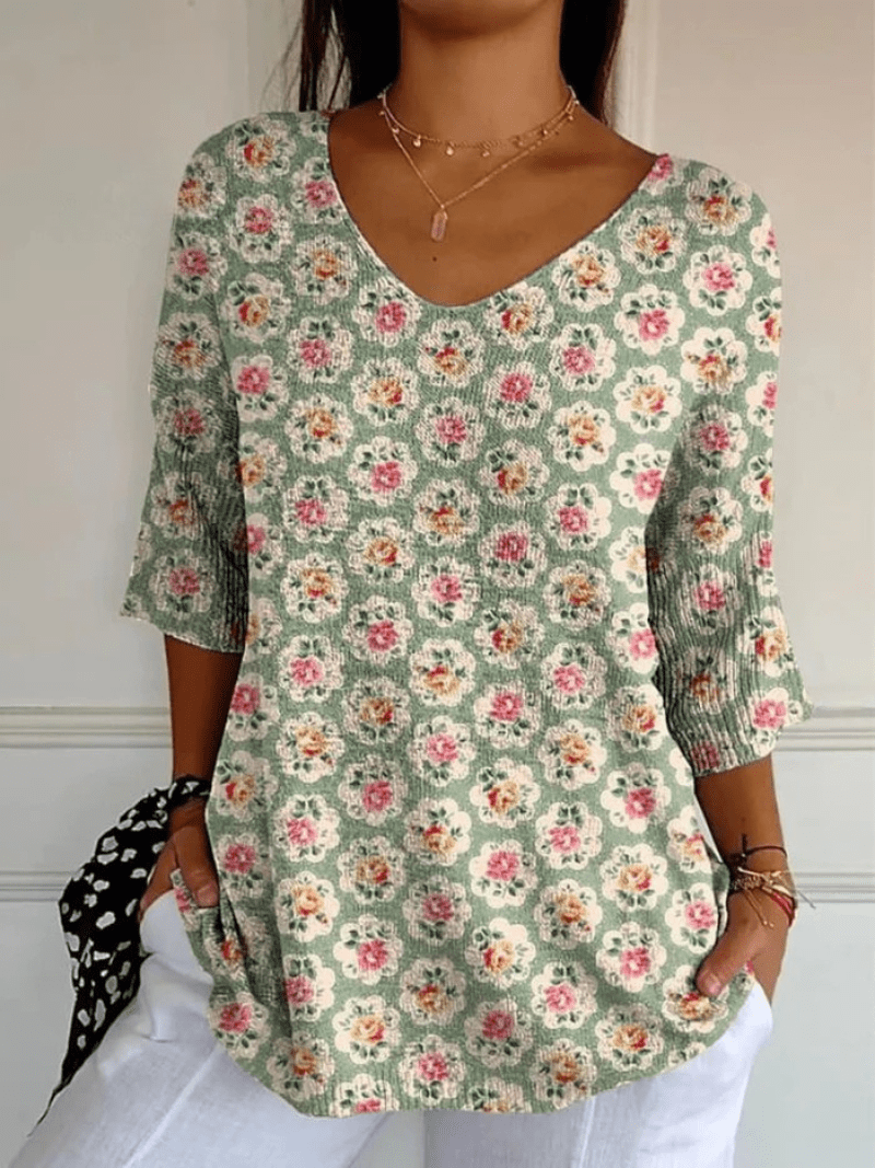 Women's Vintage Ethnic Floral Art Print Casual Pullover Knit - Alira - Boutique