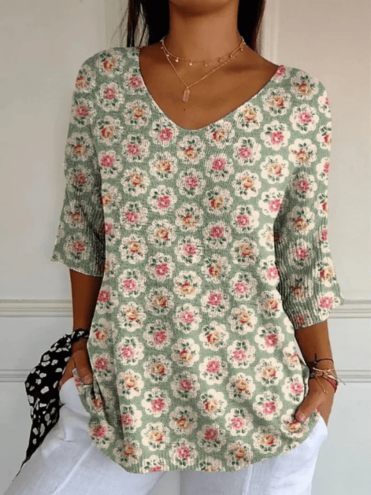 Women's Vintage Ethnic Floral Art Print Casual Pullover Knit - Alira - Boutique