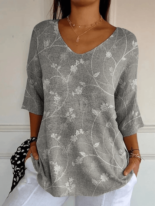 Women's Vintage Floral Art Casual Pullover Knit - Alira - Boutique