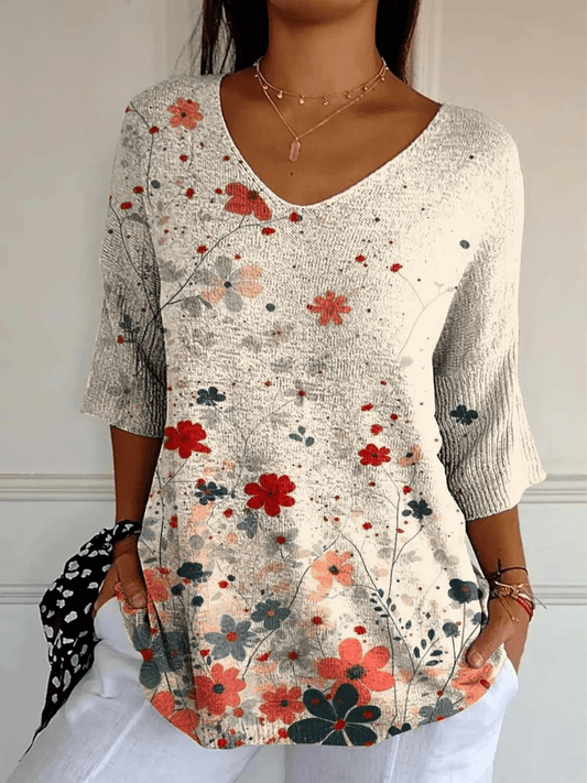 Women's Vintage Floral Pattern Art Print Casual Knit Pullover - Alira - Boutique