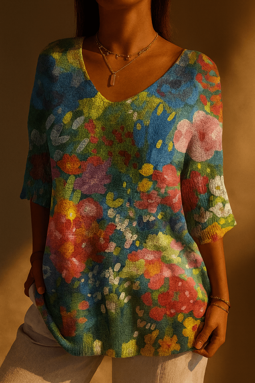 Women's Vintage Lovely Floral Art Print Casual Pullover Knit - Alira - Boutique
