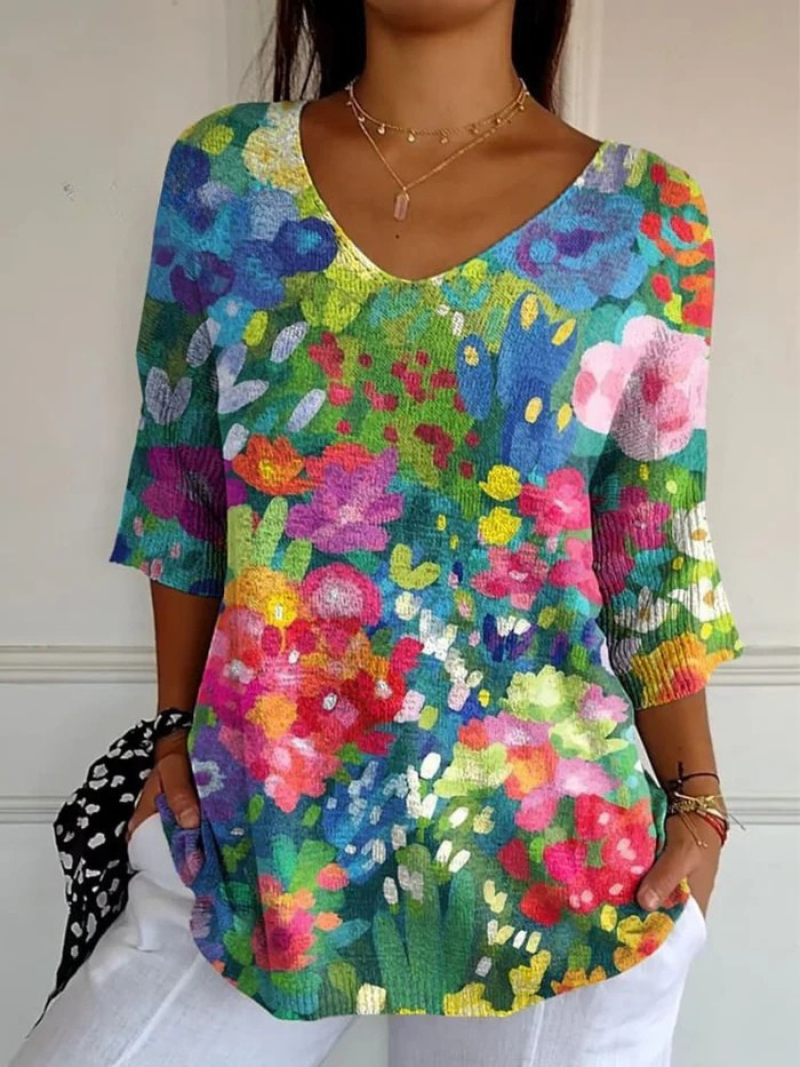 Women's Vintage Lovely Floral Art Print Casual Pullover Knit - Alira - Boutique