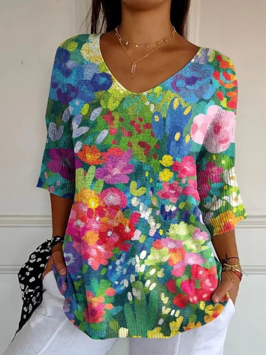 Women's Vintage Lovely Floral Art Print Casual Pullover Knit - Alira - Boutique