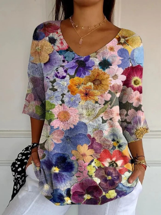 Women's Vintage Lovely Floral Art Print Casual Pullover Knit - Alira - Boutique