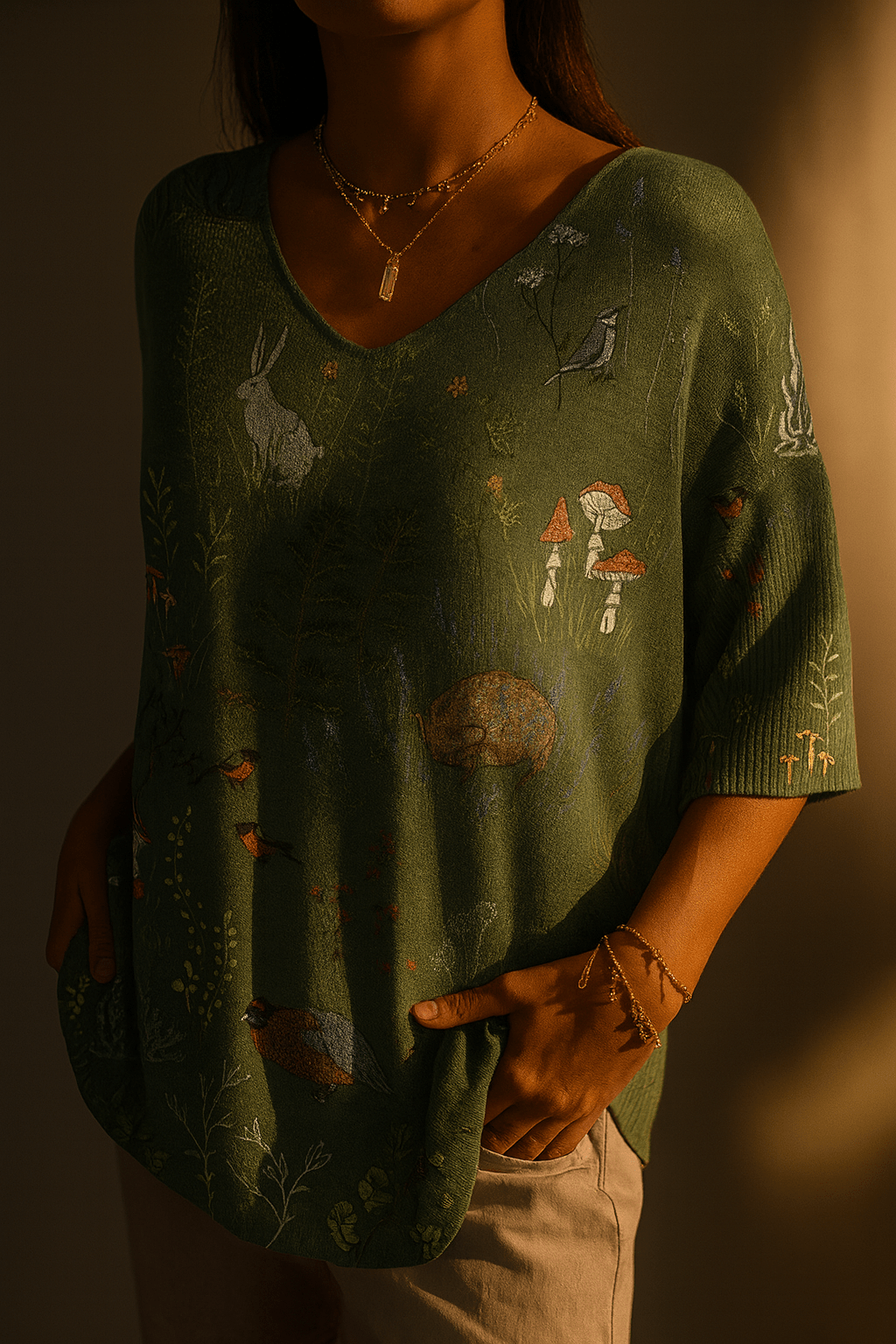 Woodland And Animals Repeat Pattern Printed Women's Casual Pullover Knit - Alira - Boutique