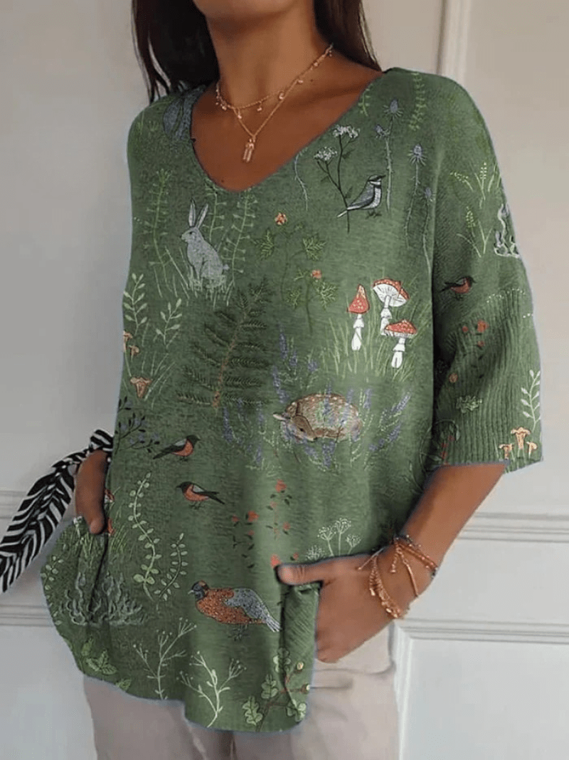 Woodland And Animals Repeat Pattern Printed Women's Casual Pullover Knit - Alira - Boutique