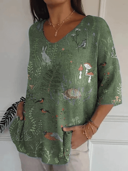 Woodland And Animals Repeat Pattern Printed Women's Casual Pullover Knit - Alira - Boutique